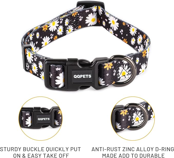 QQPETS Adjustable Soft Dog Collar: Print Flower Pink Multicolor Cute Patterns for XS Small Medium Large Pet Girl Boy Puppy Walking Running Training (M, White Daisy)