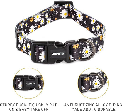 QQPETS Adjustable Soft Dog Collar: Print Flower Pink Multicolor Cute Patterns for XS Small Medium Large Pet Girl Boy Puppy Walking Running Training (L, White Daisy)