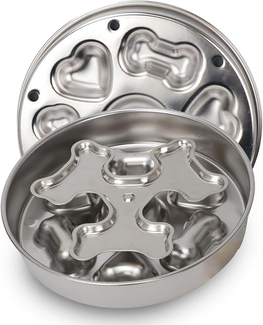 Slow Feeder Dog Bowl Stainless Steel - Double-Sided Rotating Puzzle Design, 2 Cup Capacity for Medium & Large Dogs, Anti-Choking, Non-Slip Base, Dishwasher Safe
