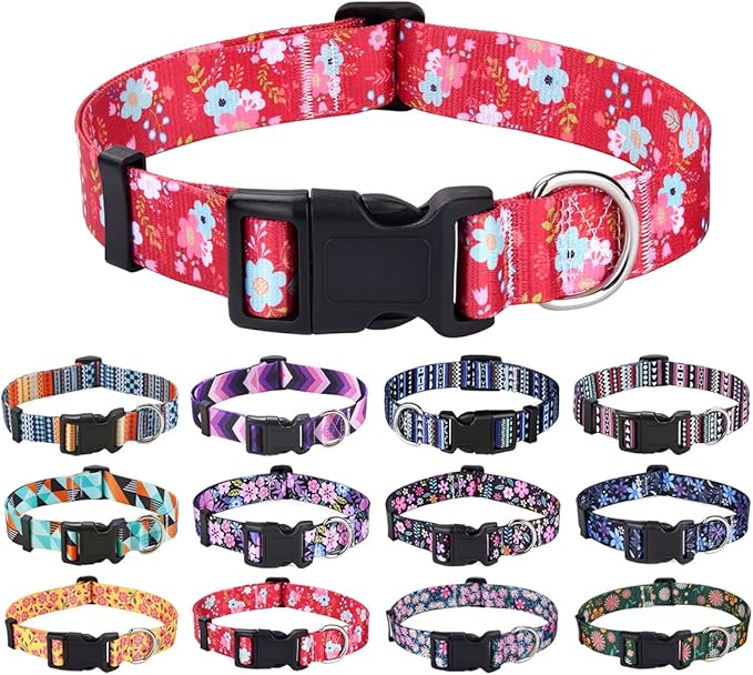 Dog Collar with Bohemia Floral Tribal Geometric Patterns - Soft Ethnic Style Collar Adjustable for Small Medium Large Dogs(Red Flower,XS)