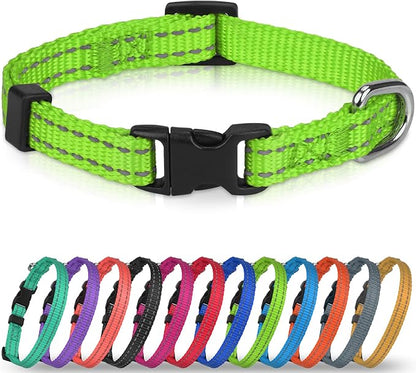 Joytale Puppy Collar, Feather-Light Double-Sided Reflective Nylon Collar for Night Safety, Adjustable Quick-Release for Extra Small Dogs, Green, XS (3/8" Width)