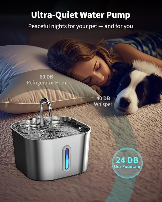 Cat Water Fountain Stainless Steel with 4 Filters & 4 Sponges, 74oz/2.2L Cat Fountain with Quiet Pump, Automatic Pet Water Dispenser, Ideal for Multi-pet Homes, Fresh & Clean Water for Cats and Dogs