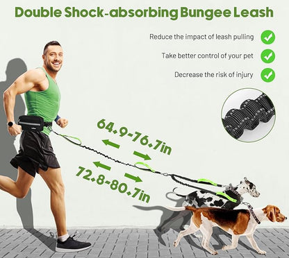 Hands Free Dog Leash for 2 Dogs with Pouch, Waist Leash for Dog Walking, Retractable Leashes with Dual Padded Handles, Adjustable Reflective Belt for Small Medium Large Dogs, Black Green