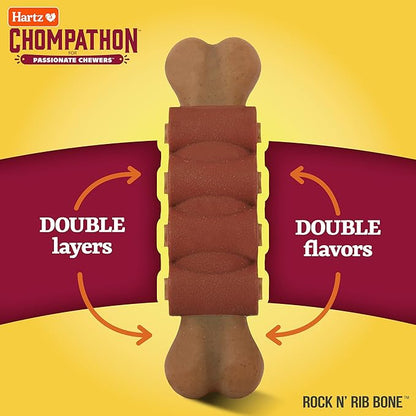 Hartz Chompathon Rock 'N Rib Bone Dog Chew Toy for Aggressive Chewers, Double Layered Flavored with Chicken & Beef