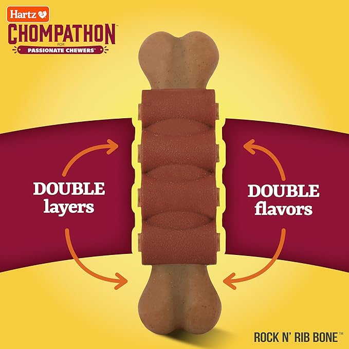 Hartz New Chompathon Rock 'N Rib Bone Dog Chew Toy for Aggressive Chewers, Double Layered Flavored with Chicken & Beef (Pack of 2)