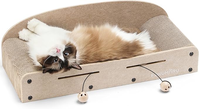 FUKUMARU 26 Inch Cat Scratcher Bed, 2 Reversible Cardboard Cat Scratch Pads Refill for Indoor Cats, Durable Large Cats Scratching Bed Sofa Couch Lounger with Fun Toys, Furniture Protector, Beige