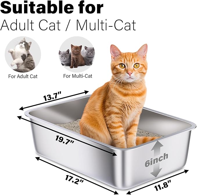 Stainless Steel Litter Box 2 Pack, 20"x14"x6"(Height) Large Metal Litter Box, Easy to Clean, Non Stick No Smell Cat Litterbox for Cats/Kitty