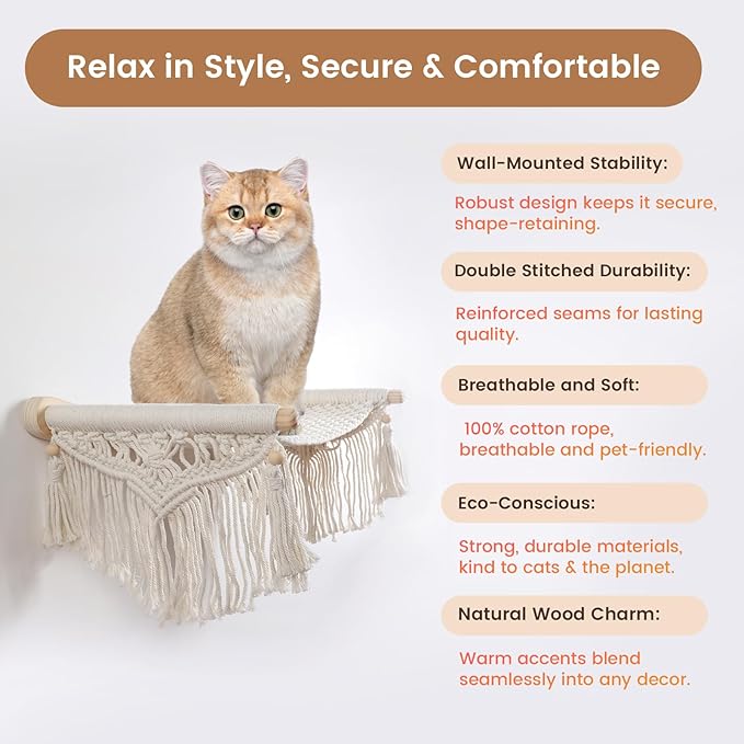 Macrame Cat Wall Shelves & Hammock - Comfy Cat Beds with Window Perch for Indoor Fun, Sleeping & Climbing,Maximum Hold Up to 30lb (Beige White - Cotton Rope)