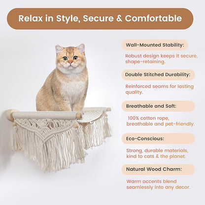 Macrame Cat Wall Shelves & Hammock - Comfy Cat Beds with Window Perch for Indoor Fun, Sleeping & Climbing,Maximum Hold Up to 30lb (Beige White - Cotton Rope)