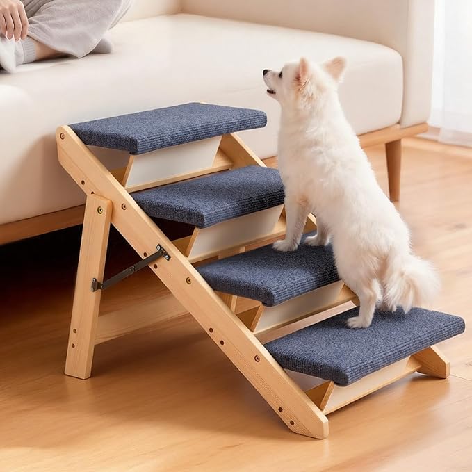 VEVOR Wood Pet Stairs, 4-Step Dog Stairs for Beds, Sofa & Cars, 150lbs Load Capacity, Floded Flat Design, Stable & Sturdy Cat & Dog Step Ladder for Small Medium Large Older Pet Puppy Essentials