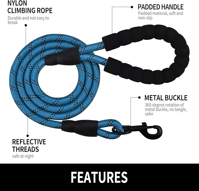 5/6 FT Strong Pet Dog Leash with Soft Padded Handle,Highly Reflective Rope for Night Walking,360-Degree Rotating Metal Buckle Without Tangles,Suitable for Small,Medium and Large Dogs.(6ft)