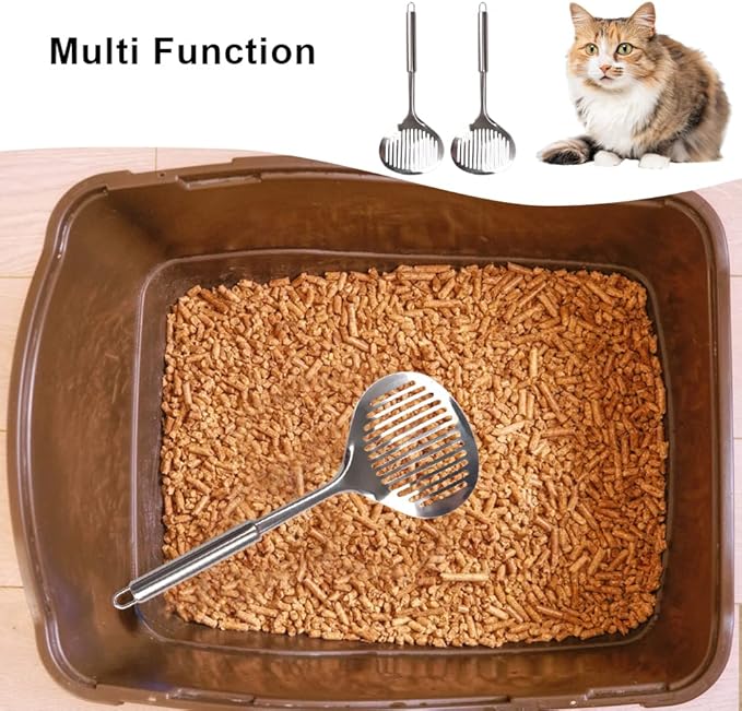 2pcs Cat Litter Scoop, Stainless Steel Litter Scoop Long Handle Durable Cat Mesh Shovel (Sliver)