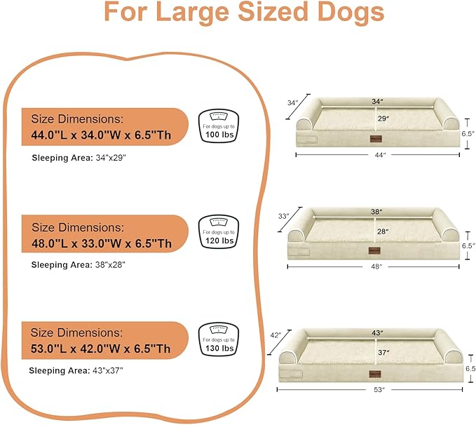 Large Dog Bed Orthopedic Washable: Beds Bolster XXL Bed Big XLarge Dogs Egg Crate Foam Sofa Couch Waterproof Removable Cover - Beige