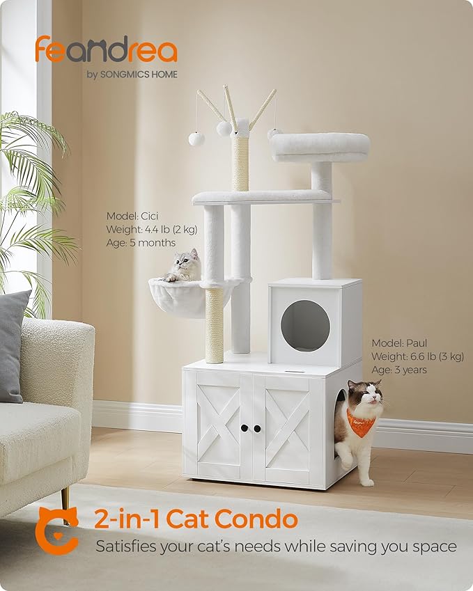 Feandrea Cat Tree with Litter Box Enclosure, 59-Inch Modern Cat Tower, 2-in-1 Condo with Scratching Posts, Washable Removable Cushion, Cloud White UPCT113W01