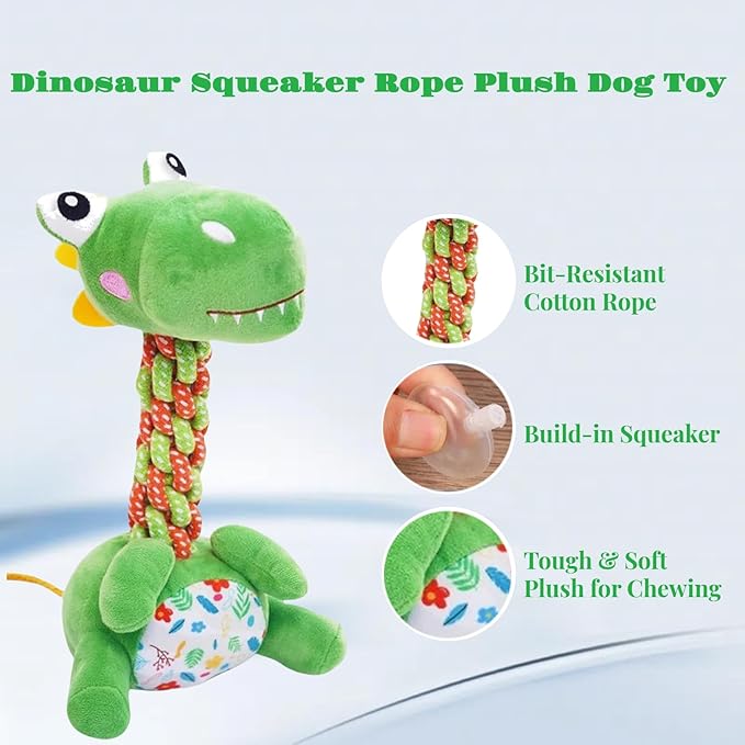 Dinosaur Rope Plush Dog Toy with Squeaker - Durable Chew & Tug Toy for Small and Medium Dogs, Teeth Cleaning & Anxiety Relief Interactive Pet Gift