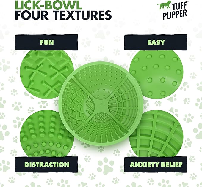 Tuff Pupper Lick Bowl for Dogs | Standard Size Slow Feeder Bowl | Four Textures for Dog Anxiety & Boredom | Silicone Lick Mat | Easy Clean Dishwasher Safe | Stable & Wobble Modes | NOT for Chewing