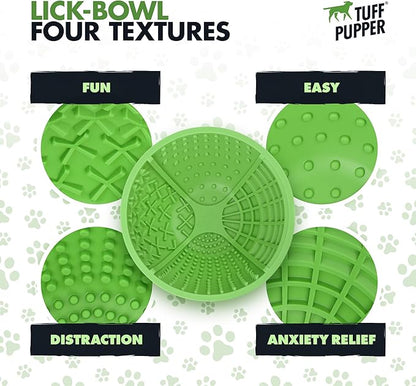 Tuff Pupper Lick Bowl for Dogs | Standard Size Slow Feeder Bowl | Four Textures for Dog Anxiety & Boredom | Silicone Lick Mat | Easy Clean Dishwasher Safe | Stable & Wobble Modes | NOT for Chewing