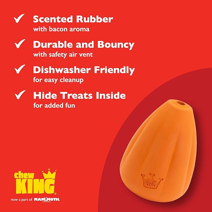 Chew King by Mammoth Premium Treat Dog Toy, Extremely Durable Natural Rubber Toy, Bacon Flavored Dog Treater, Large - Orange