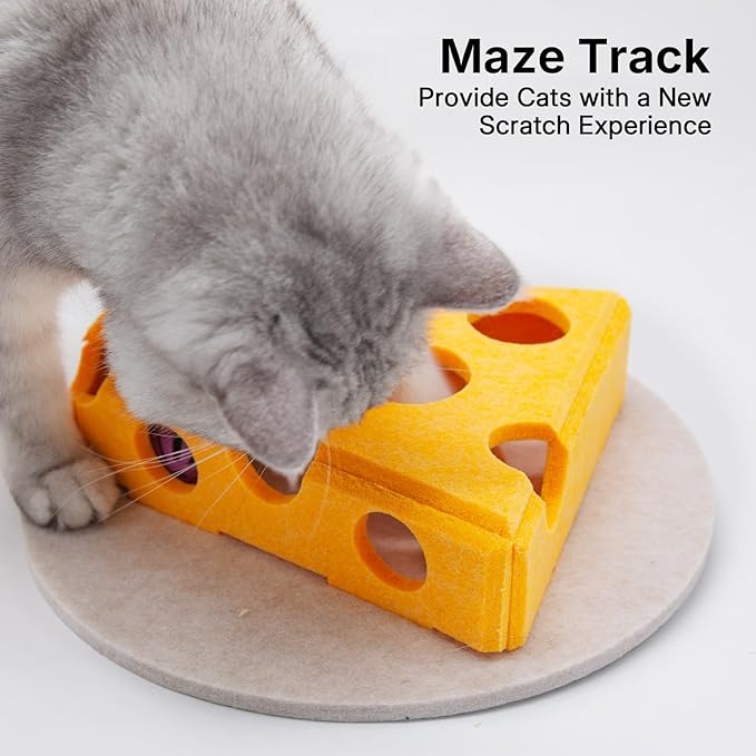 Cat Puzzle Toy with 3 Track Balls, Cheese Play Box for Indoor Kittens Treat Feeding, Fun Maze Game for Indoor Cats Boredom Relief & Exercise (Cheese Yellow)