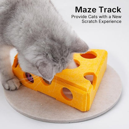 Cat Puzzle Toy with 3 Track Balls, Cheese Play Box for Indoor Kittens Treat Feeding, Fun Maze Game for Indoor Cats Boredom Relief & Exercise (Cheese Yellow)