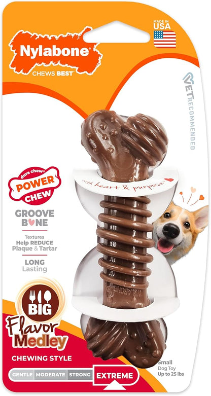 Nylabone Power Chew Groove Bone - Dog Toys for Aggressive Chewers - Durable Dog Toy for Small Breeds - Small Dog Chew Toys - Flavor Medley, Small, Up to 25 Ibs. (1 Count)