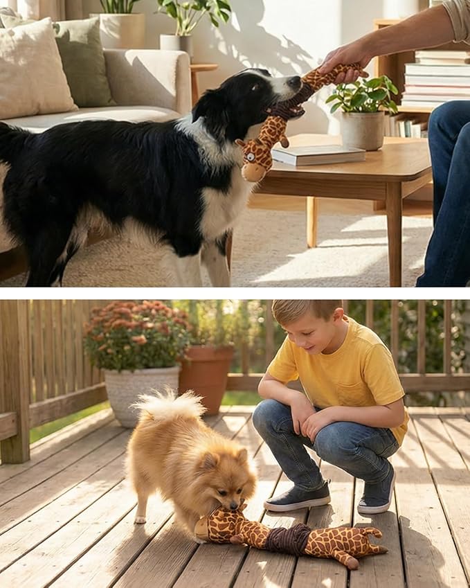 3-in-1 Squeaky Dog Toy for Chewer (Squeaker, Crinkle Paper & Elastic Band), Durable Interactive Puppy Plush Chew Toy for Boredom, Tug of-War, for Small Medium Large Breed (2 Pack, Giraffe,Unicorn)