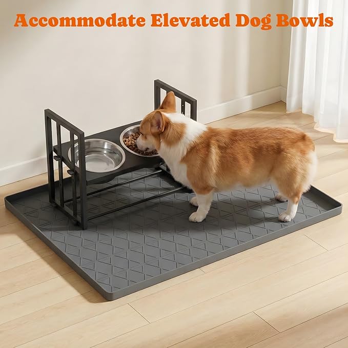 Large Silicone Dog Food Mat with Raised Edge, Waterproof Non-Slip Pet Feeding Mat for Floors, Dog Bowl Mat for Food and Water, Spill Proof Cat & Dog Feeding Placemat, Easy Clean, 34 x 22, Gray
