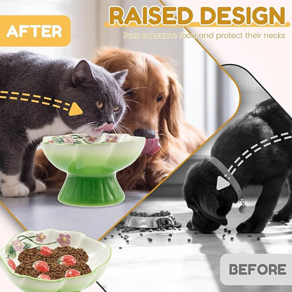 Ceramic Raised Slow Feeder Cat Bowl, Ceramic Elevated Small Cat Food Bowl, 15°Titled Food Bowls Small Dogs Slow Feeder, Strawberry Shaped Cute Pet Dish for Dry and Wet Foods(Green)