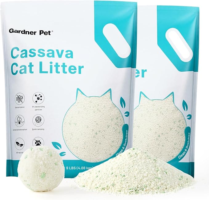 Gardner Pet Cassava Cat Litter, Tapioca Cat Litter, Odor Control | Low Dust | Natural Clumping Litter | Fast Absorption & Low Tracking Kitty Litter, Unscented with Deodorizing Pellets (9LBS*2)