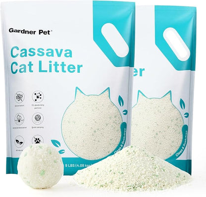 Gardner Pet Cassava Cat Litter, Tapioca Cat Litter, Odor Control | Low Dust | Natural Clumping Litter | Fast Absorption & Low Tracking Kitty Litter, Unscented with Deodorizing Pellets (9LBS*2)