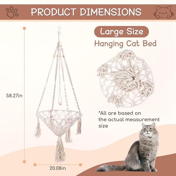 VINGVO Macrame Cat Hammock Bed, 58.27" Handwoven Pet Hanging Swing Bed with Hook for Wall, Foldable Kitten Window Perch for Indoor Outdoor Sports Playing Sleeping Climbing Lounging