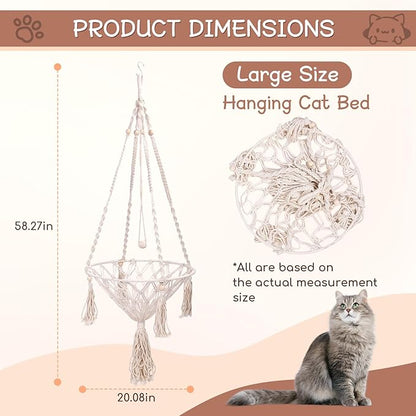 VINGVO Macrame Cat Hammock Bed, 58.27" Handwoven Pet Hanging Swing Bed with Hook for Wall, Foldable Kitten Window Perch for Indoor Outdoor Sports Playing Sleeping Climbing Lounging
