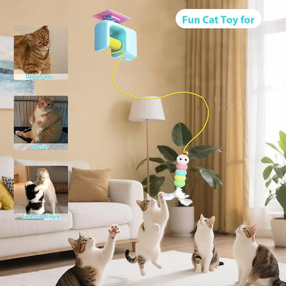 Interactive Cat Toy for Indoor Cats Adult Kitten, Automatic Door Hanging Cat Toy with Feathers and Bells for Door Frame Wall Ceiling, Self Play Retractable Cat Enrichment Toy for Bored Cats