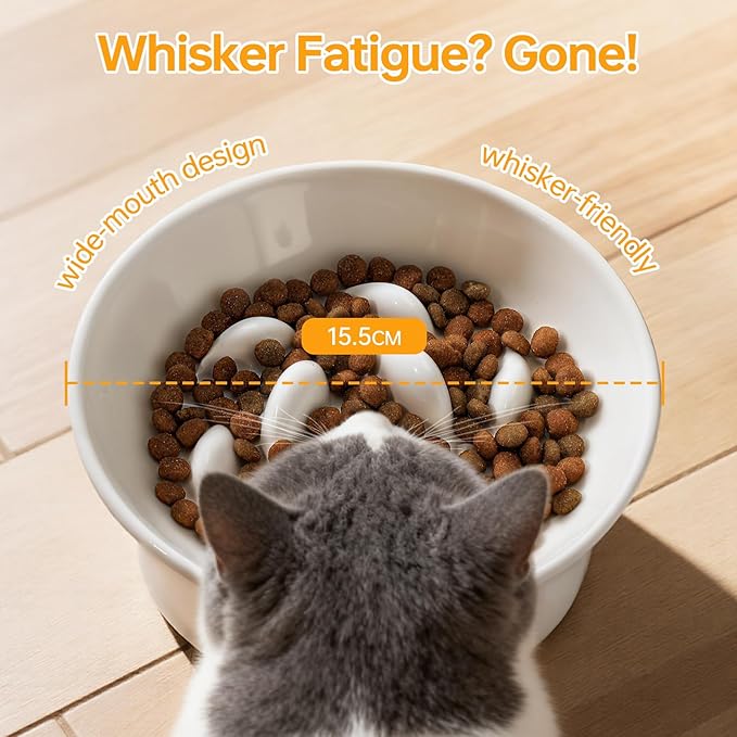 PETTOM Slow Feeder Cat Bowl, 2 Pack Ceramic Raised Tilted Cat Slow Feeder Bowl Elevated Puzzle Anti Vomiting for Dry and Wet Food Whisker Friendly for Kitty Puppy, White