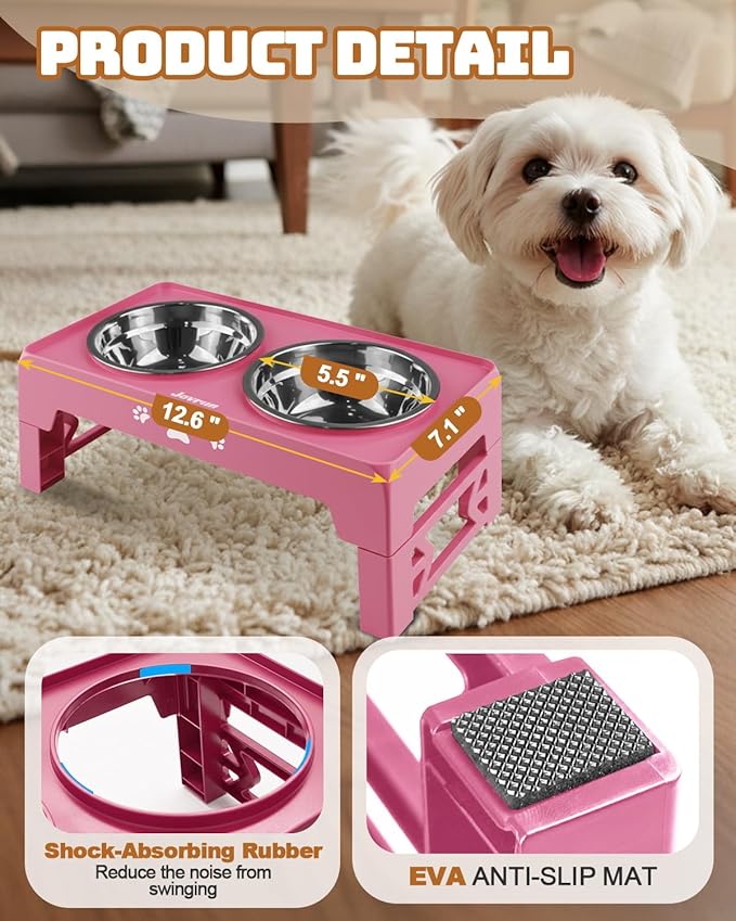 Elevated Dog Bowls for Small Dogs and Cats, Non-Slip Cat Bowls with 2 Thick 5.5" Stainless Steel Dishes, Dog Feeder 2 Heights Adjustable to 2.6"-5.3"