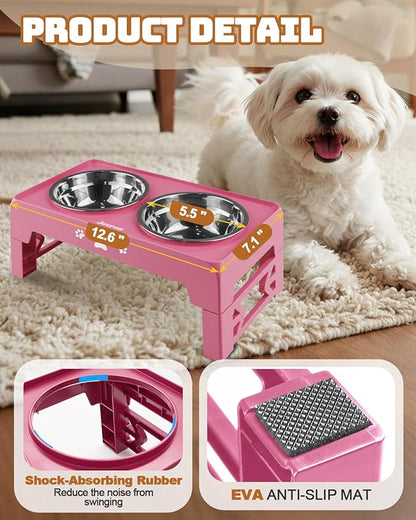 Elevated Dog Bowls for Small Dogs and Cats, Non-Slip Cat Bowls with 2 Thick 5.5" Stainless Steel Dishes, Dog Feeder 2 Heights Adjustable to 2.6"-5.3"
