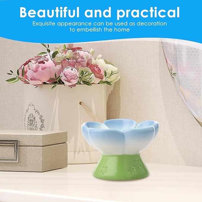 Ceramic Raised Slow Feeder Dog Bowl for Dry Wet Food, Smooth Surface Elevated Cat Food Bowl, Flower Shape Pet Food Bowls for Small Cat Dog, 150ml/5oz (Style 1)