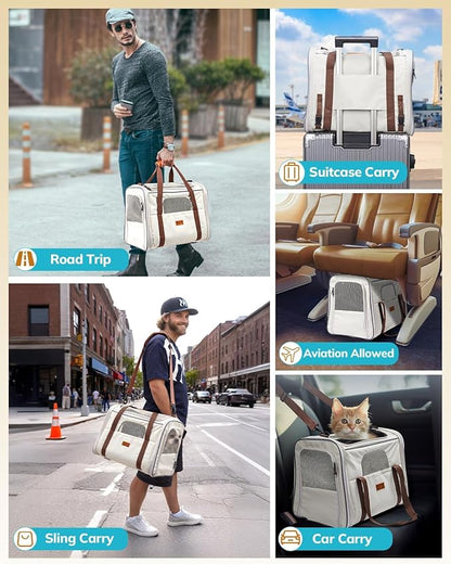 Morpilot Pet Travel Carrier Bag, Soft-Sided Dog Carrier Cat Carrier Pet Carrier, for Large Cats and Medium Puppies up to 25lbs, with Locking Safety Zippers, Foldable Bowl (Beige)