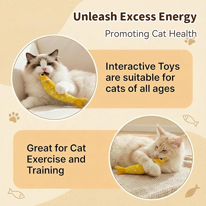 Cat Toys for Indoor Cats with 5000mg Natural Catnip Interactive Kicker Fish Toy of Crinkle Bell Sound Adult Cat Kittens Teeth Cleaning Easter Gifts Yellow Purple