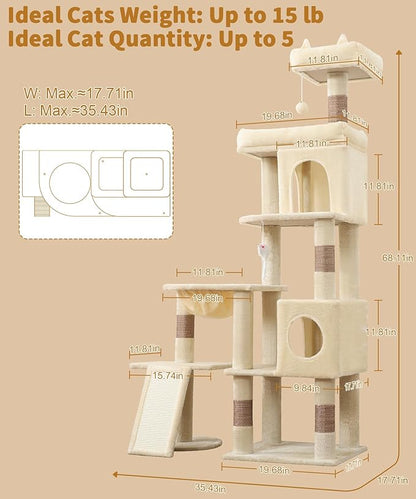 68 Inches Heavy Duty Cat Tree for Indoor Cat, Big Cat Tower with Sisal Scratching Posts and Top Perch, Large Platform for Adult Cats, PMT02BW, Beige