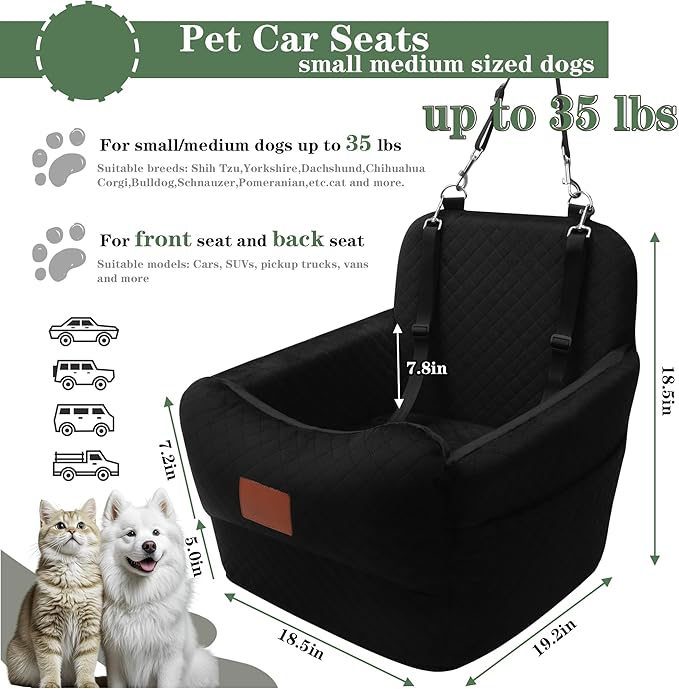 Dog Car Seat for Small/Medium Dogs,2 Adjustable Seat Belt,Memory Foam with Soft Fabric Pets Travel Car Bed with Non-Slip Bottom,Easily Installed in Front and Back Seats,Removable and Washable(H-Black