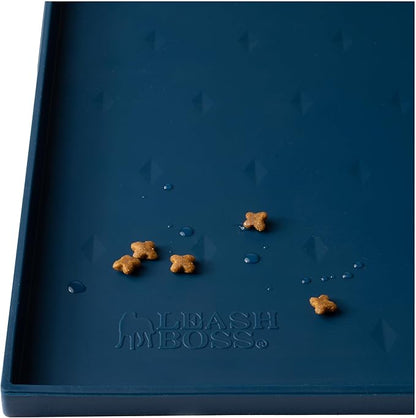Leash Boss Dog Food Mat - Waterproof Cat & Dog Bowl Mat for Food and Water, Silicone Pet Feeding Mats for Floors, Non-Slip Placemat with High Edges, Puppy Essentials (ML: 20"x13", Navy)