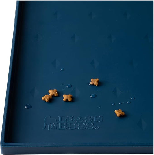 Leash Boss Dog Food Mat - Waterproof Cat & Dog Bowl Mat for Food and Water, Silicone Pet Feeding Mats for Floors, Non-Slip Placemat with High Edges, Puppy Essentials (Small: 18"x11", Navy)