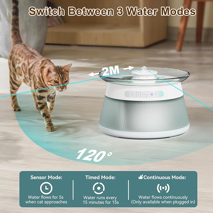 GJEASE Glass Smart Pet Water Fountain,Cat Drinking Water Fountain Bowl No Filter,Battery Operated Filterless Pet Water Fountain