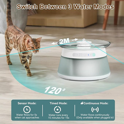 GJEASE Glass Smart Pet Water Fountain,Cat Drinking Water Fountain Bowl No Filter,Battery Operated Filterless Pet Water Fountain