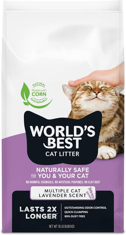 WORLD'S BEST CAT LITTER Multiple Cat Lavender Scented 15-Pounds - Natural Ingredients, Quick Clumping, Flushable, 99% Dust Free & Made in USA - Calming Fragrance & Long-Lasting Odor Control