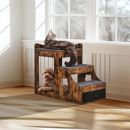 VEVOR Pet Bunk Bed with Removable Stairs, Dog/Cat Window Perch with Storage, Multi-Level Bed Window Perch Dog Bedside Sleeper Couch, Small Pet Seat Platform, Indoor Use (Rustic Brown)