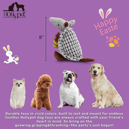 Hollypet Plush Dog Squeaky Toy Stuffed Armadillo Animal Pet Puppy Chew Toys with Clean Teeth for Small Medium Large All Breed Sizes Dogs, Gray, 8 in, Yellow Easter Egg with Blue Stripes