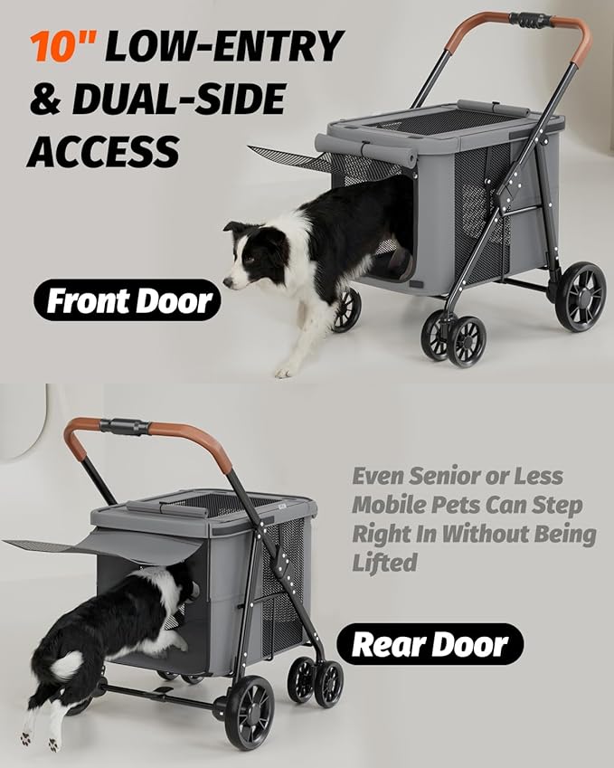 Dog Stroller for Large & Medium Dogs, Pet Stroller for 2 Small Dogs Up to 80 Lbs, Extra Large Heavy Duty, Folding & Breathable, All-Terrain Wheels, Grey
