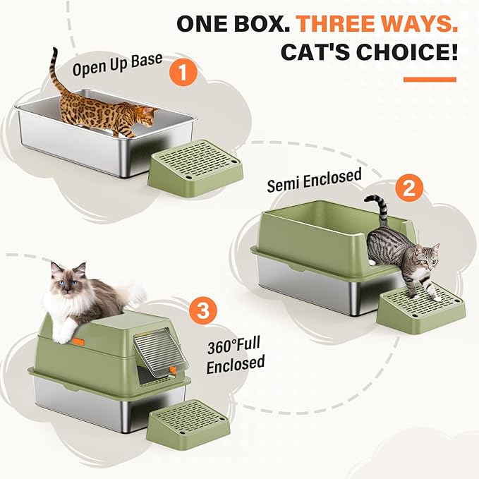 Removable Stainless Steel Cat Litter Box with lid, Front & Top Entry Kitty LitterBox，Cat Litter Box Enclosure, XL Extra Large High-Sided Metal Cat Box with Scoop,Mat,Footboard (Green)